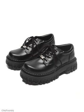 Faux Leather Chunky Platform Oxford Shoes Metal Decor Wide Toe Lug Sole Lace-Up